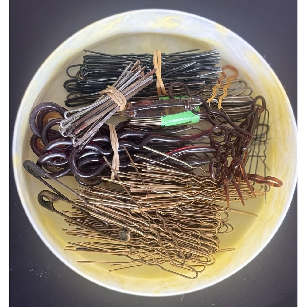 Hair Pins Lot in Vtg Powder Box Various Faux Tortoise Shell Chignon 1930s 1940s